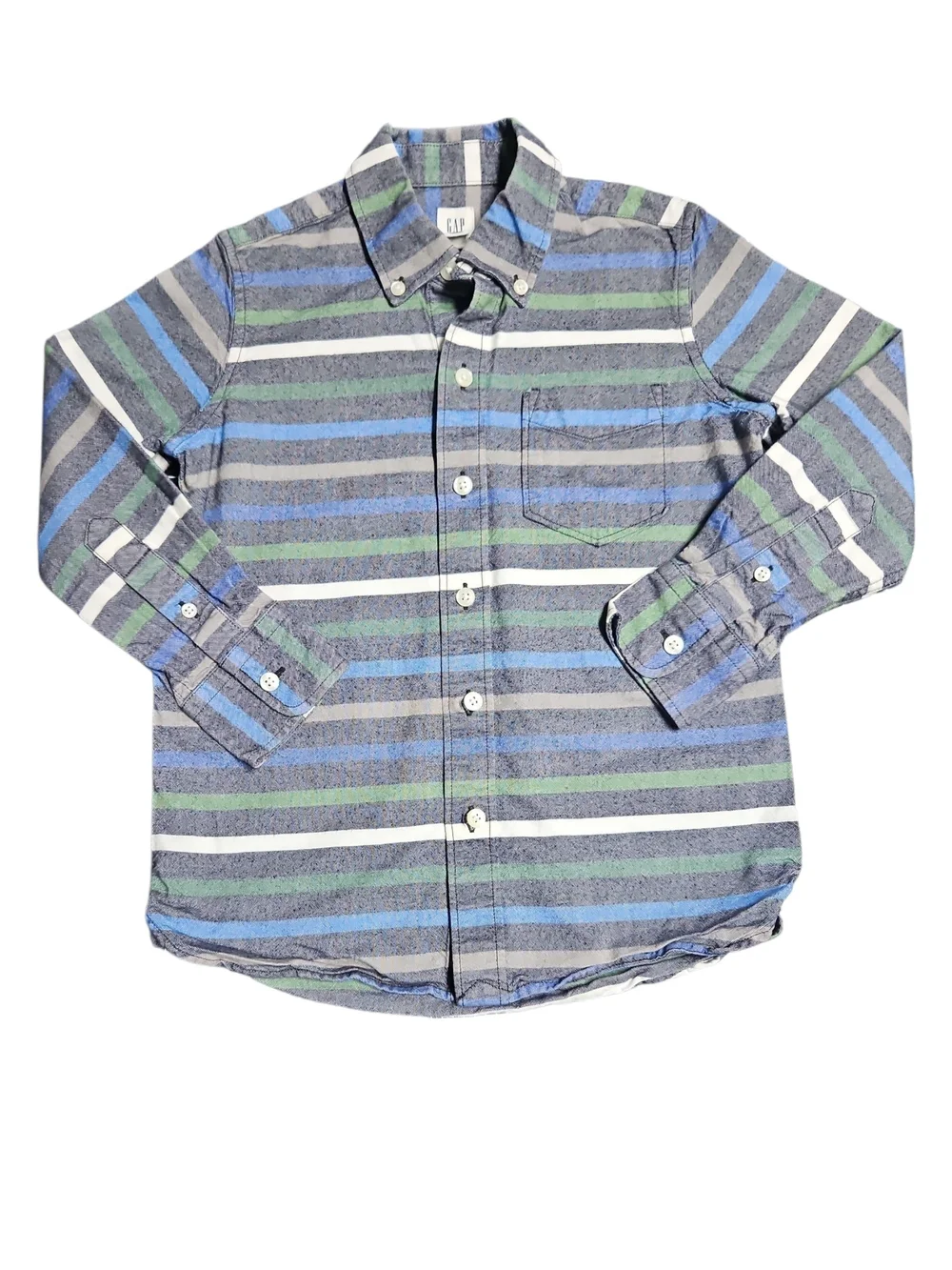 GAP Boys Blue, Green & Gray Striped Button-Down Long Sleeve Shirt Size Small 6-7